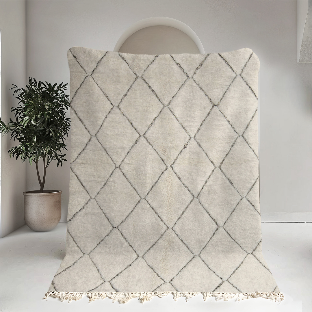 Moroccan custom rug from Beni Ourain, Wool and Thread, White