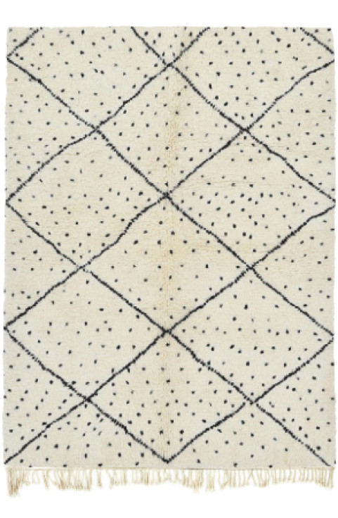 White Moroccan Art Rug with a Modern Abstract Rug Design Handwoven Using Beni Ourain Shaggy Wool Rug