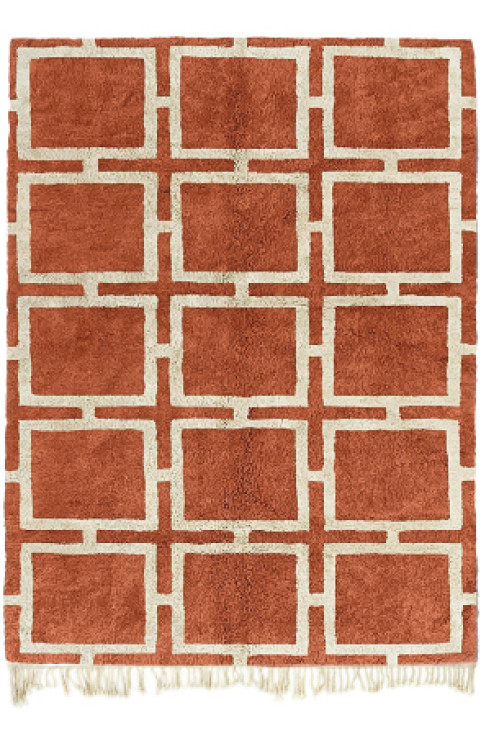 Orange Checkered Rug Handmade in a Moroccan Shag Rug Texture with a Beni Ourain Checkerboard Rug for Living Room Design