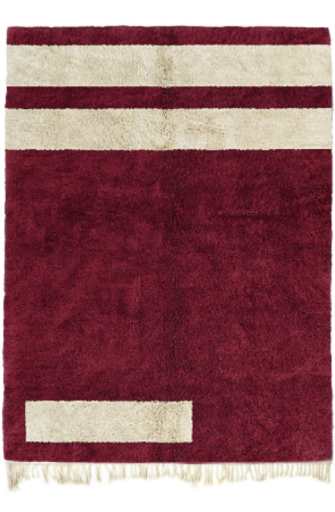 Moroccan Abstract Rug is a Red Beni Ourain Rug Handwoven Using Organic Shag Wool Art Rug with a Mid Century Modern Rug Design