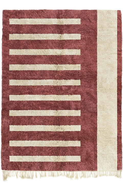 Abstract Area Rug is a Handmade Red Moroccan Berber Rug Made of Beni Ourain Rug Shag Wool with a Mid Century Modern Art Rug Design