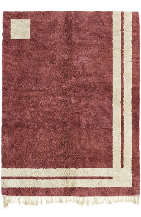 Handwoven Abstract Area Rug is a Red Moroccan Shag Rug with a Mid Century Modern Rug and Art Rug Design Made of Beni Ourain Rug Wool